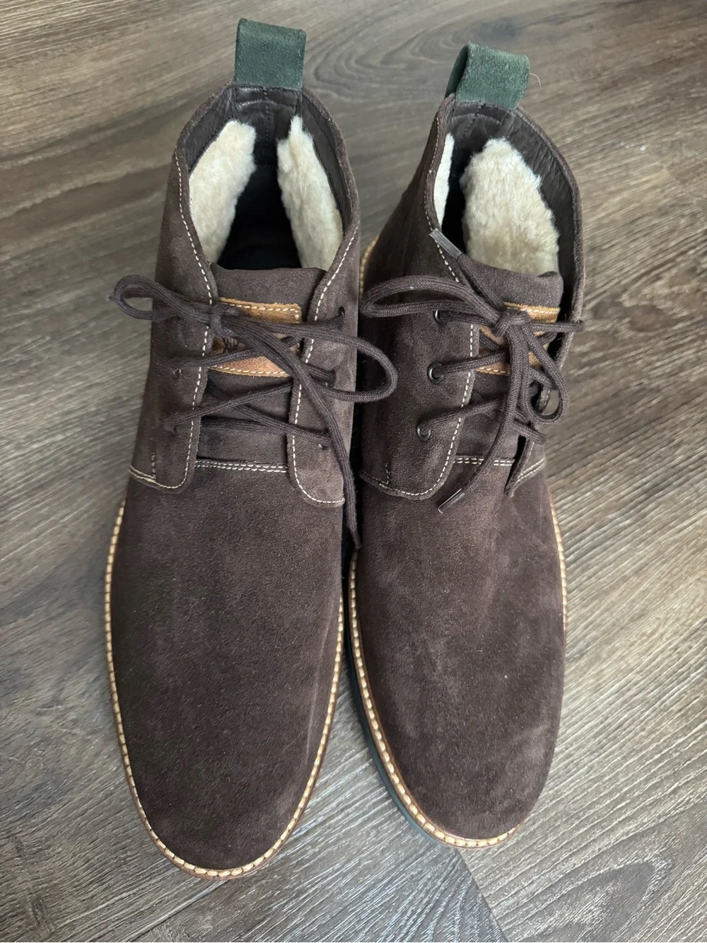 New! Martin Dingman Dark Brown Suede Chukka Boots with Shearling Collar